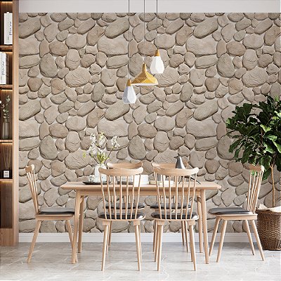 Papel de Parede Pedra de Rio Rústica Bege Claro