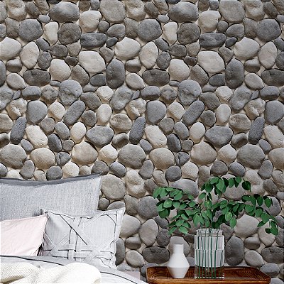 Papel de Parede Pedra de Rio Rústica Tons de Cinza