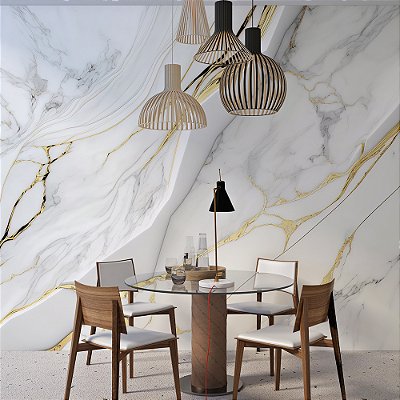 Papel de Parede Mármore Branco Veios Dourados e Cinzas