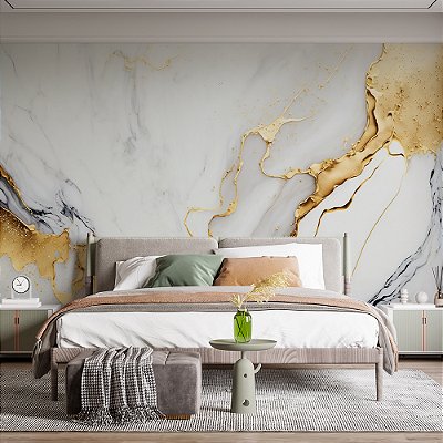Papel de Parede Mármore Branco e Dourado Veios Pretos