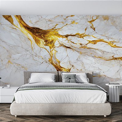 Papel de Parede Mármore Branco Veio Dourado Líquido