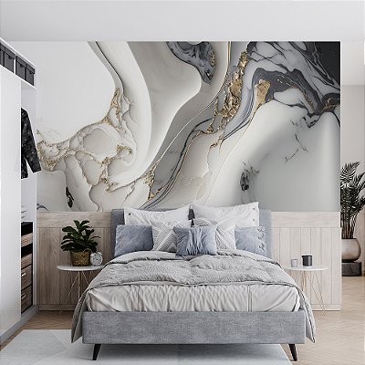 Papel de Parede Mármore Abstrato Ondas Branco, Cinza e Dourado