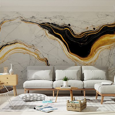 Papel de Parede Mármore Abstrato Branco Preto e Ouro