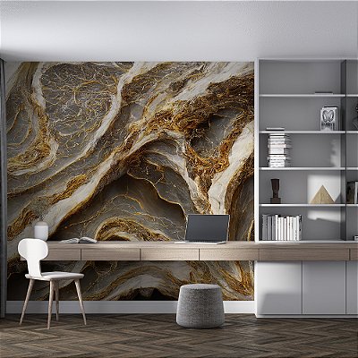 Papel de Parede Mármore Abstrato Ondas Marrom e Ouro Velho