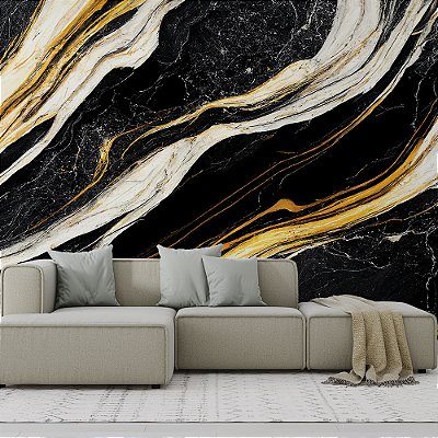 Papel de Parede Mármore Preto Veio Branco e Dourado Líquido