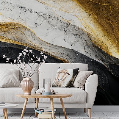 Papel de Parede Mármore Abstrato Preto, Branco e Dourado Velho