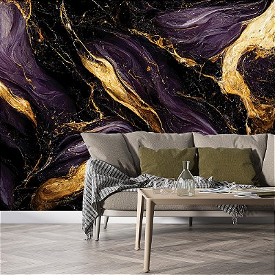 Papel de Parede Mármore Líquido Preto, Roxo e Dourado