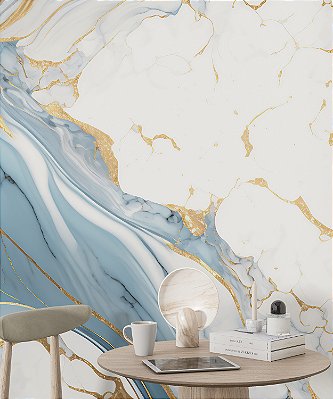 Papel de Parede Mármore Líquido Creme, Azul Celeste e Dourado