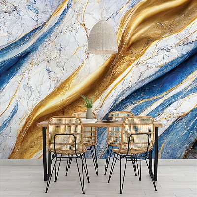 Papel de Parede Mármore Líquido Azul Celeste e Dourado