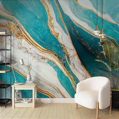 Papel de Parede Mármore Líquido Azul Turquesa, Branco e Dourado