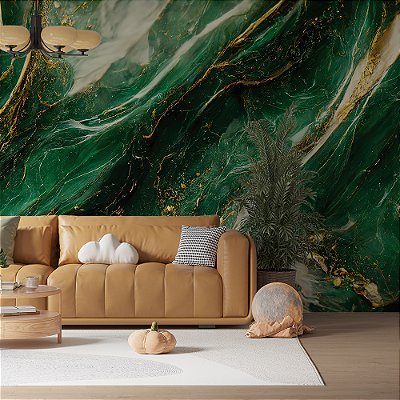 Papel de Parede Mármore Abstrato Verde com Dourado