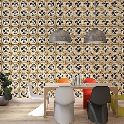 Papel de Parede Azulejo Ladrilho Floral Ocre e Preto