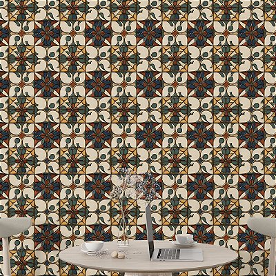 Papel de Parede Azulejo Geométrico Retrô Azul Marinho e Ocre