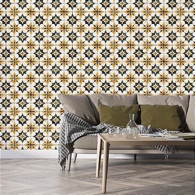 Papel de Parede Azulejo Estrela Amarelo Ouro e Preto Retrô