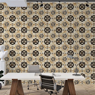 Papel de Parede Azulejo Português Preto e Ocre Retrô