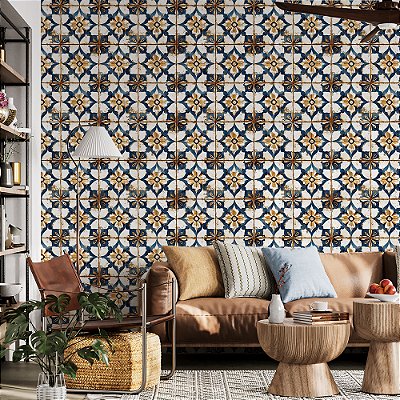 Papel de Parede Azulejo Colonial Floral Azul e Ocre