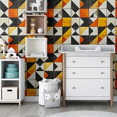 Papel de Parede Azulejo Geométrico Abstrato Laranja e Preto