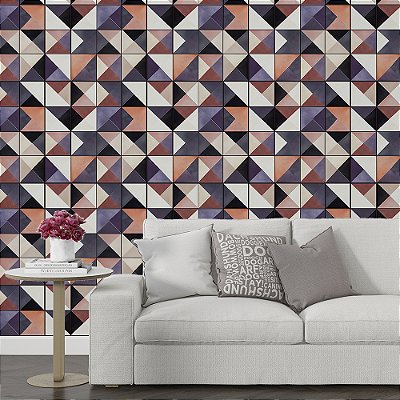 Papel de Parede Azulejo Geométrico Triângulos Roxo e Bege
