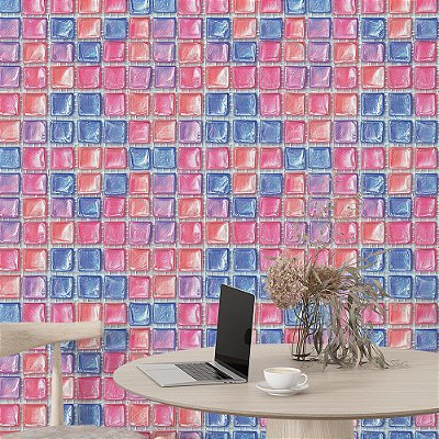 Papel de Parede Azulejo Pastilha Brilhante Rosa, Roxo e Azul