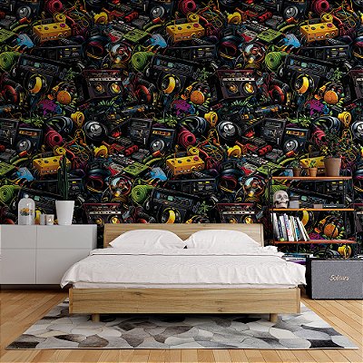 Papel de Parede 3D Colors Fitas Cassete e Som Colorido