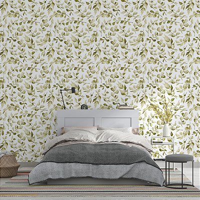 Papel de Parede Folhas em Aquarela Verde Oliva Fundo Claro