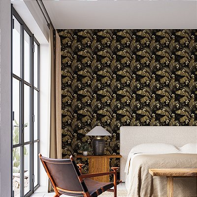 Papel de Parede Folhas de Palmeira Dourada e Flores