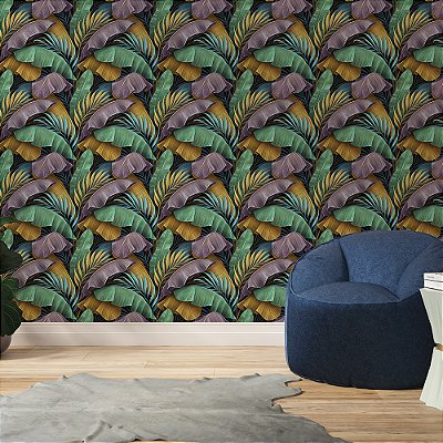 Papel de Parede Folhas Modernas Tons Rosa, Azul e Verde