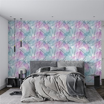 Papel de Parede Folhas Rosa e Azul Delicadas Efeito Vidro