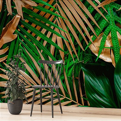 Papel de Parede Folhas de Palmeira Verde e Dourado Metálico