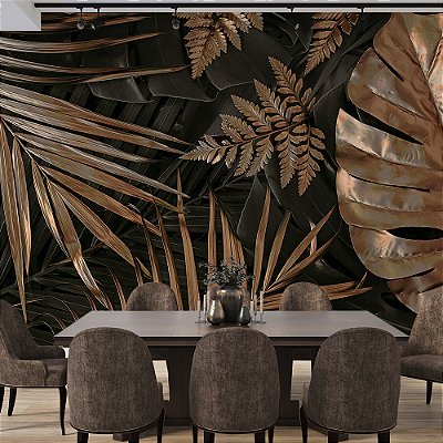 Papel de Parede Folhas Tropical Ouro Velho Escuro