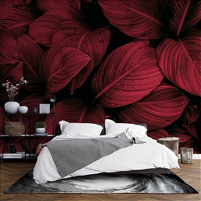 Papel de Parede Folhas Gigantes Vermelho Vinho Escuro