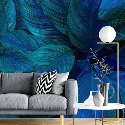 Papel de Parede Folhas Gigantes Azul Petróleo Profundo