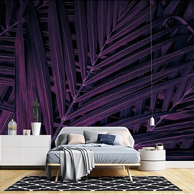 Papel de Parede Folhas de Palmeira Roxo e Preto