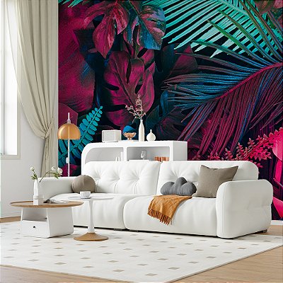Papel de Parede Folhas Tropical Roxo Ametista e Verde Luxo