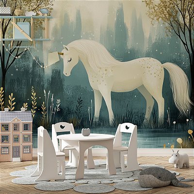 Papel de Parede Infantil Unicórnio Branco na Floresta
