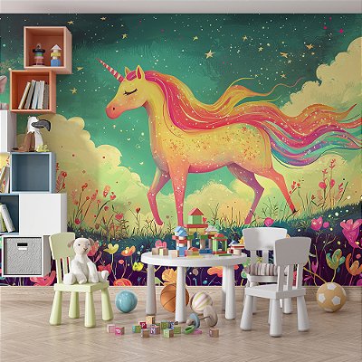 Papel de Parede Infantil Unicórnio Rosa com Fundo Estrelado