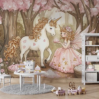 Papel de Parede Infantil Unicórnio e Fada