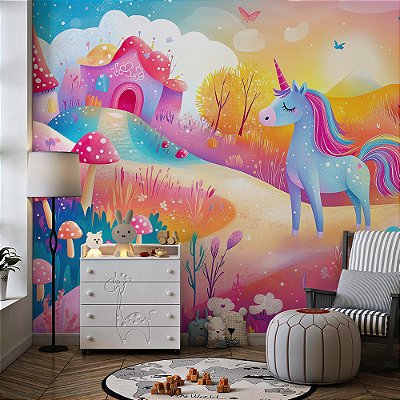 Papel de Parede Infantil Unicórnio Colorido