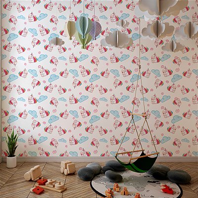 Papel de Parede Unicórnios Colorido e Nuvens