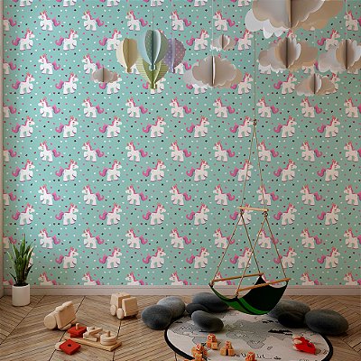 Papel de Parede Unicórnios, Corações e Estrelas no Fundo Verde