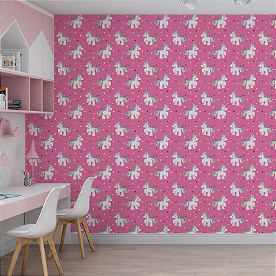 Papel de Parede Unicórnios, Corações e Estrelas no Fundo Pink