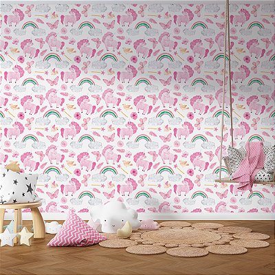 Papel de Parede Unicórnios Rosa, Arco-íris e Borboletas