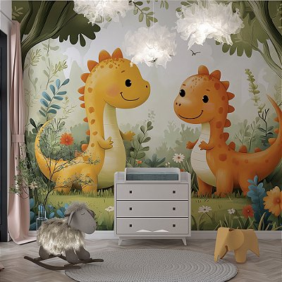 Papel de Parede Dinossauros Laranja e Amarelo na floresta