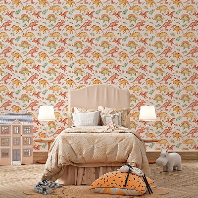 Papel de Parede Dinossauros Vermelho, Verde e Amarelo