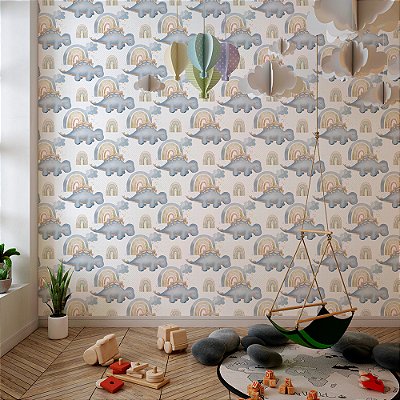 Papel de Parede Dinossauros Azul e Arco-Íris