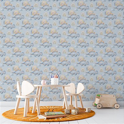 Papel de Parede Dinossauros Azul e Arco-Íris no Fundo Azul com Bolinhas