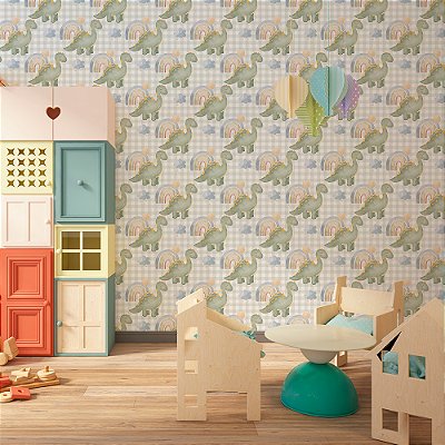 Papel de Parede Dinossauros Verde e Arco-Íris no Fundo Xadrez Verde