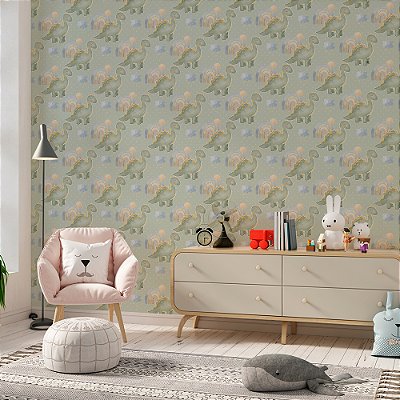 Papel de Parede Dinossauros Verde e Arco-Íris no Fundo Verde com Bolinhas