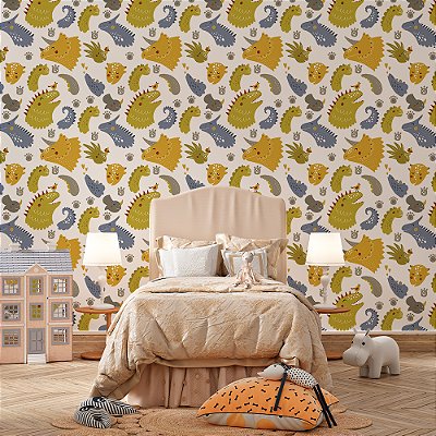 Papel de Parede Dinossauros Amarelo e Cinza