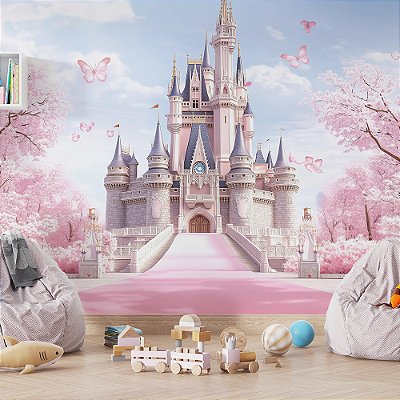 Papel de Parede Castelo Branco e Azul no Fundo de Cerejeiras